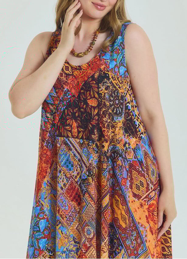 Boat Neck Loose Cut Orange Plus Size Dress 4668
